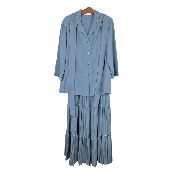 Vintage Carefree Fashions Shirt Skirt Set Size Medium Button Blue Studded Casual - Picture 1 of 16